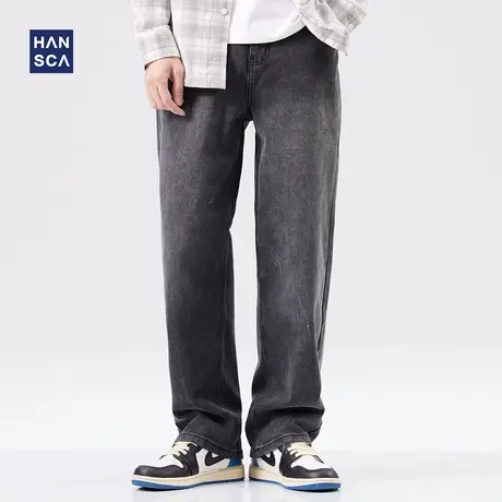 hansca黑色牛仔裤2022新款男直筒宽松潮流复古水洗大码休闲阔腿裤商品大图