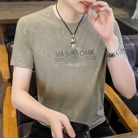 欧洲站冰丝短袖t恤男士夏季高端弹性圆领体恤成熟男人半袖上衣潮T商品大图