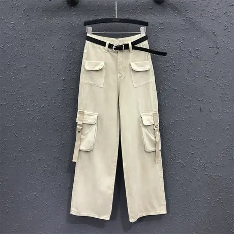 韩版直筒裤女2024春夏新款卡其色工装裤口袋高腰显瘦休闲牛仔长裤图片