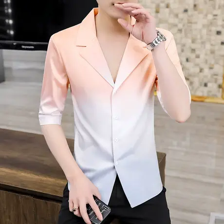 发型师潮牌渐变个性衬衫男七分袖夏季痞帅V领夜场设计感短袖衬衣商品大图