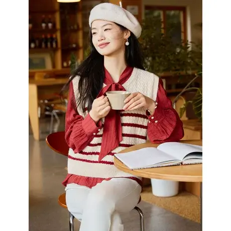 时尚气质针织马甲2023年秋季新款淑女温柔条纹宽松显瘦坎肩上衣商品大图