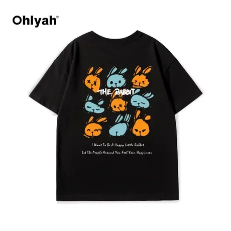 Ohlyah日系原宿风短袖后背印花T恤2022新款女黑色上衣宽松体恤夏图片