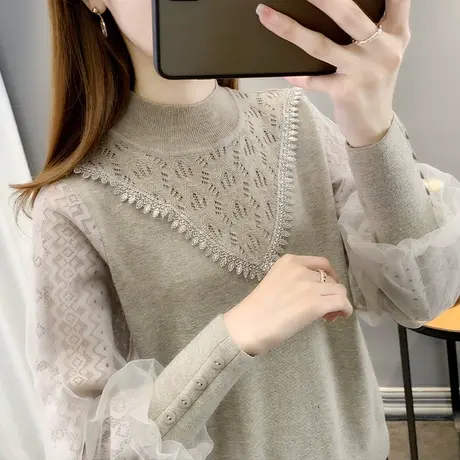半高领毛衣女蕾丝打底衫2023秋冬新款套头镂空针织衫洋气内搭上衣商品大图