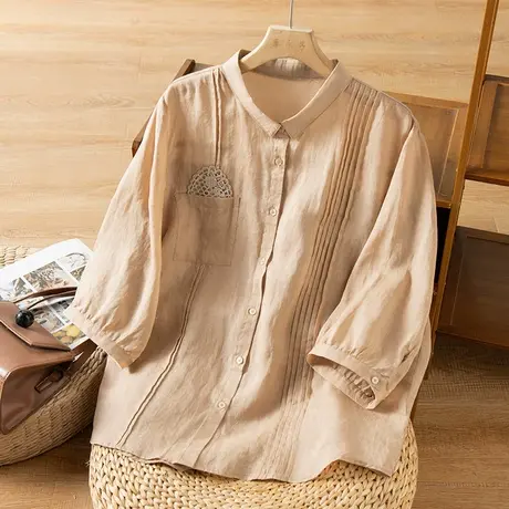 享永子七分袖苎麻衬衫文艺复古宽松休闲衬衣百搭棉麻上衣2023新款商品大图