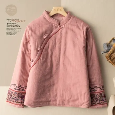 文艺复古夹棉外套棉服刺绣斜襟中式棉袄气质减龄国风唐装2021新款图片