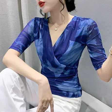 性感V领中袖T恤女2023夏新款名媛气质打底衫网纱上衣洋气修身体恤商品大图