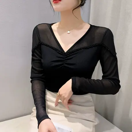 时尚V领网纱T恤女长袖欧货内搭性感打底衫春秋设计感小众钉珠上衣商品大图