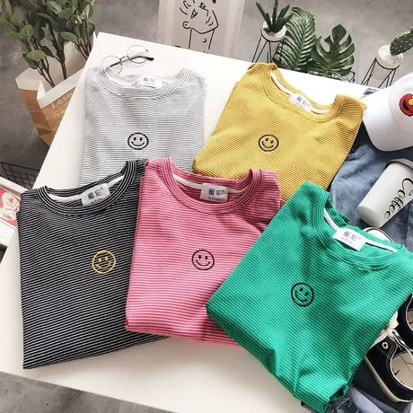 2020春秋新款韩国东大门ulzzang慵懒风笑脸ins条纹T恤打底衫大码商品大图