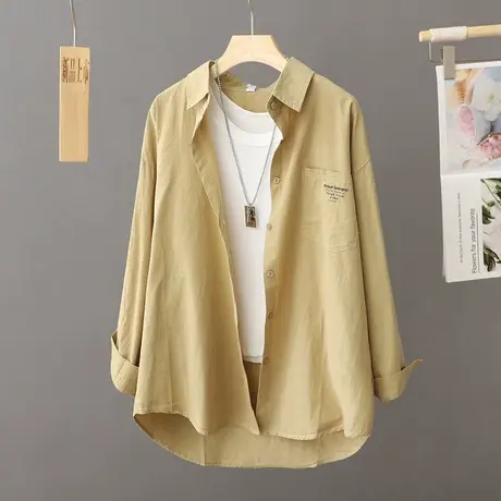 休闲黄色长袖衬衫外套女式中长款设计感小众纯棉衬衣开衫上衣外搭图片