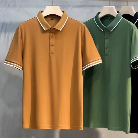 9色2023夏季新款潮流商务polo衫男士薄款条纹翻领短袖t恤男装上衣商品大图