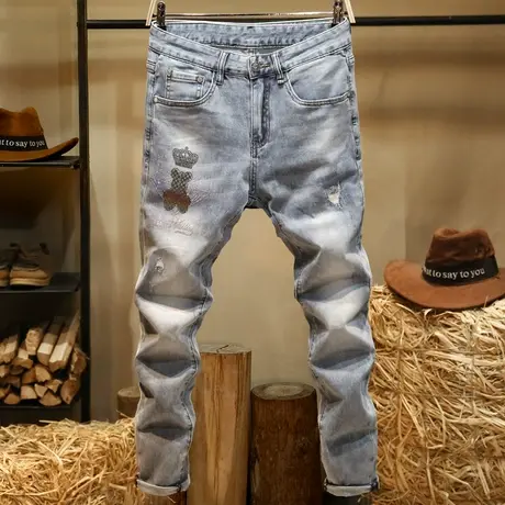 潮牌破洞牛仔裤男款修身弹力小脚裤高端大牌皇冠烫钻男装休闲裤子商品大图