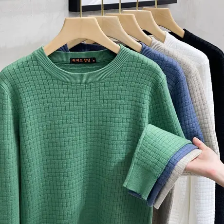 格纹针织毛衣男圆领秋冬季2023新款纯色内搭打底衫提花潮流羊毛衫商品大图