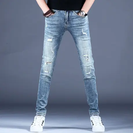 秋款轻奢破洞牛仔裤男款修身小脚裤紧身弹力百搭2023新款裤子男士图片