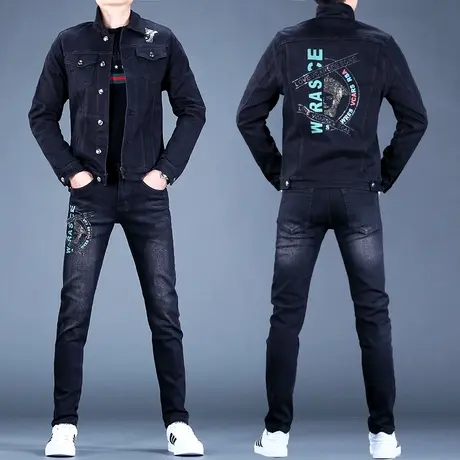 2023秋款新款男士牛仔套装男潮牌高端休闲外套男夹克上衣男款裤子图片