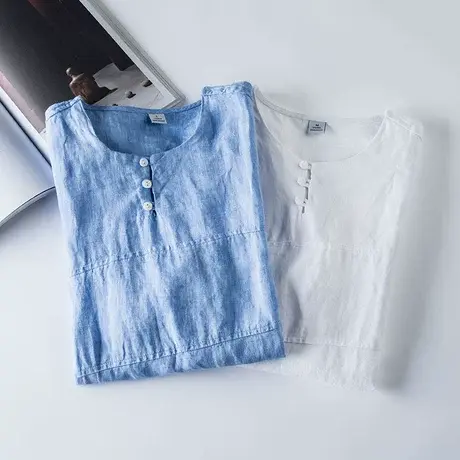 男士亚麻短袖t恤圆领棉麻料半袖体恤衫2019新款夏季薄款个性衣服商品大图