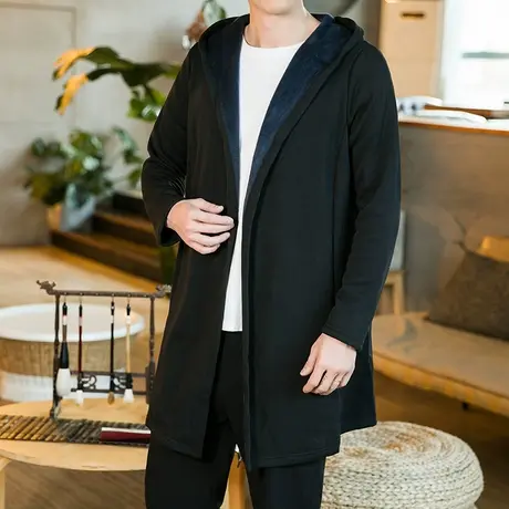 秋冬复古保暖中长款连帽披风男士加绒加厚外套中国风对襟无扣风衣商品大图