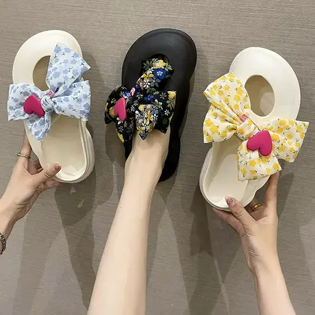 包头半拖鞋女夏季可爱碎花蝴碟结洞洞鞋防滑厚底时尚外穿沙滩凉拖商品大图