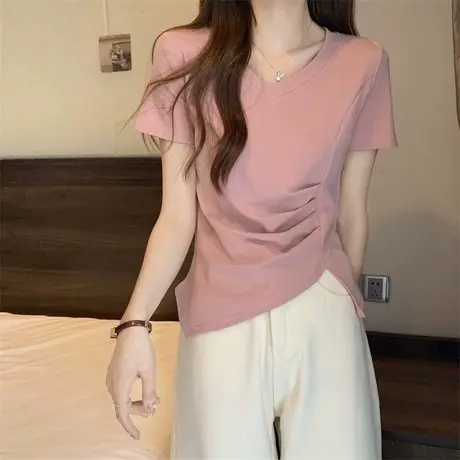 大码夏装胖mm不规则短袖T恤女韩版宽松小众纯欲风遮肚子上衣200斤商品大图