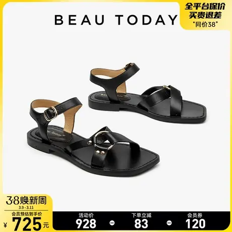 BeauToday罗马绑带凉鞋女款2024新款BT真皮平底凉鞋女海边沙滩鞋商品大图
