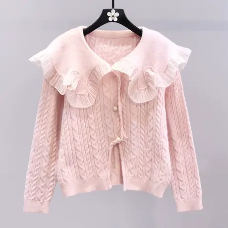 日系蕾丝娃娃领麻花毛衣外套女秋冬2023新款宽松设计感针织开衫商品大图