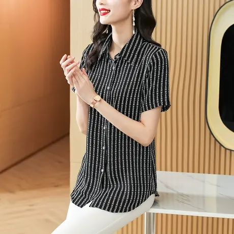 条纹雪纺衬衫女士短袖2023年夏季新款大码上衣妈妈装中长款花衬衣商品大图