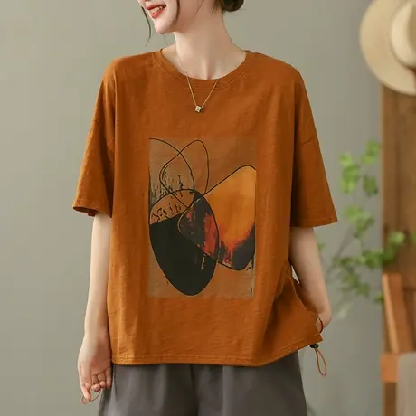 dza复古印花纯棉短袖T恤女2023夏季薄款圆领打底体恤宽松套头上衣图片