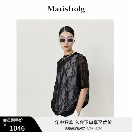 玛丝菲尔春夏新款赫本原创设计时尚老花透视黑色T恤图片
