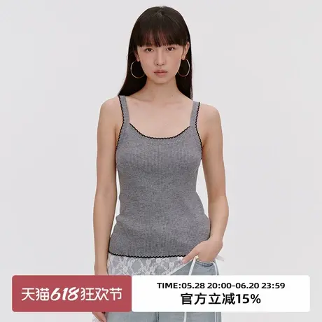 omont蛋挞家复古撞色花边针织吊带2025夏季修身显瘦灰色背心上衣图片