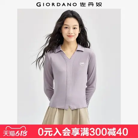 佐丹奴长袖Polo衫女新款心形猫咪刺绣V字翻领休闲上衣女05314788图片
