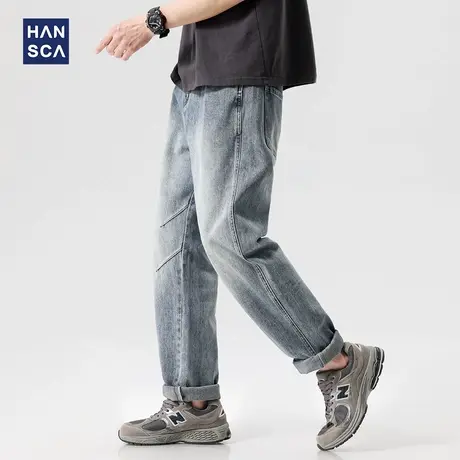hansca宽松复古水洗牛仔裤男2025年春季美式街头水洗做旧微锥长裤商品大图