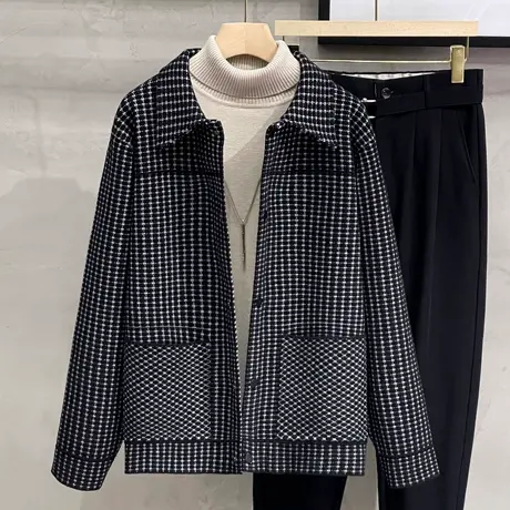 男士翻领毛呢夹克秋冬装保暖开衫男短款毛衣外套休闲韩版针织衫潮图片