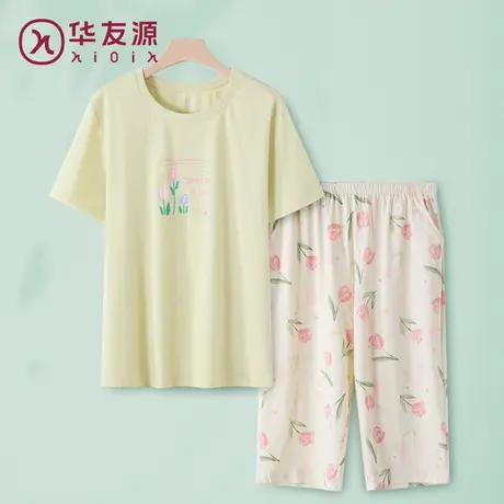华友源夏季中年短袖睡衣纯棉宽松家居服妈妈全棉七分裤套装可外穿商品大图