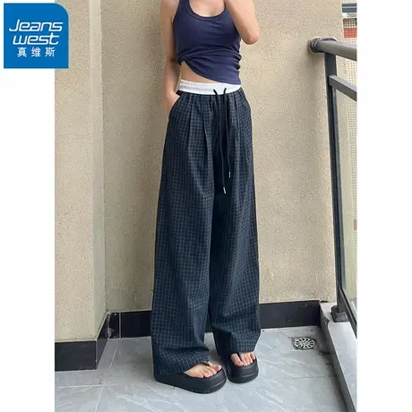 NR真维斯藏青色格子直筒休闲裤女夏季新款复古宽松慵懒松紧腰长裤商品大图