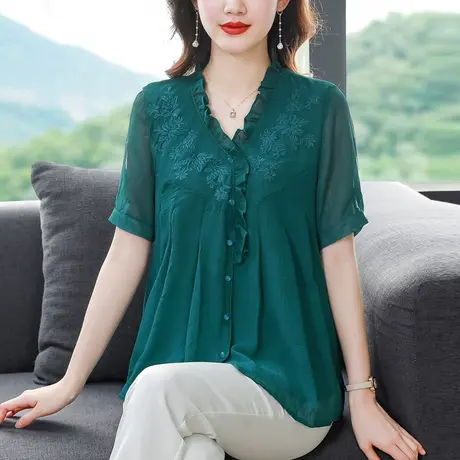 雪纺衫女夏季2023年新款胖mm遮肚上衣藏肉短袖显瘦设计感洋气小衫商品大图