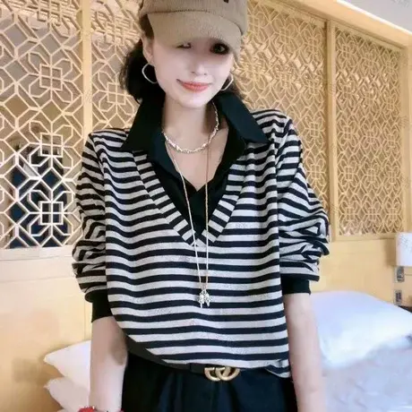 欧货2023秋季新款休闲宽松设计感上衣假两件条纹撞色百搭长袖T恤商品大图