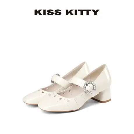 KISSKITTY法式粗跟玛丽珍鞋女爱心新款方头一字带高跟女鞋设计感图片