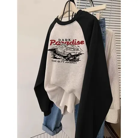 美式复古卫衣oversize大码圆领加绒外套ins撞色设计小众秋冬上衣商品大图