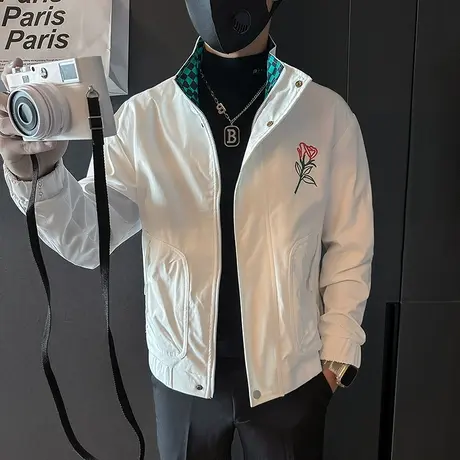 工装夹克男秋季时尚潮牌发型师痞帅立领防风刺绣机车潮流休闲外套商品大图