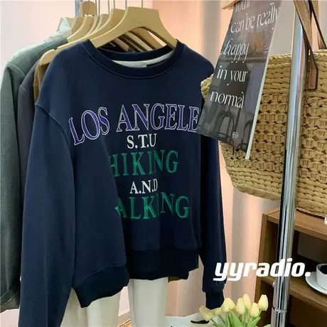 韩国彩色字母藏青套头卫衣女春秋薄款2023新款韩版宽松外套上衣服商品大图