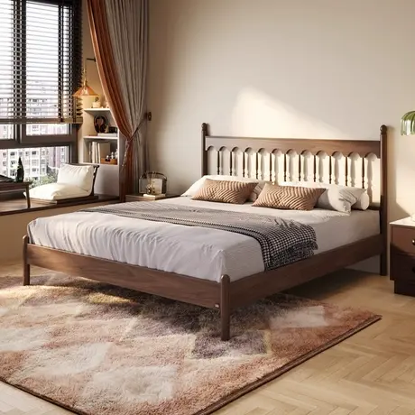 顾家家居实木胡桃木中古风简约双人主卧猫抓皮软包1米8实木大床房商品大图