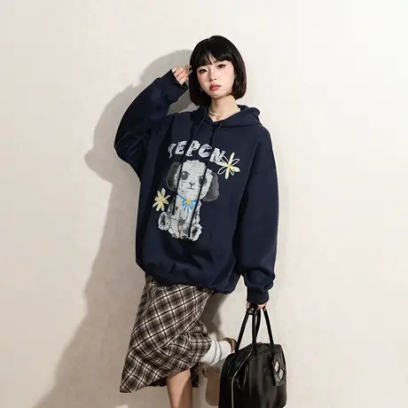 YEP美式复古印花连帽卫衣女春季套头帽衫宽松2025年新款潮牌外套商品大图