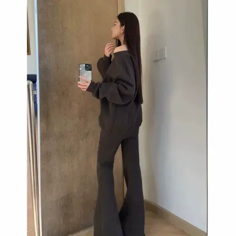 灰色斜领卫衣女秋季2025宽松设计感美式辣妹露肩慵懒风长袖上衣潮商品大图