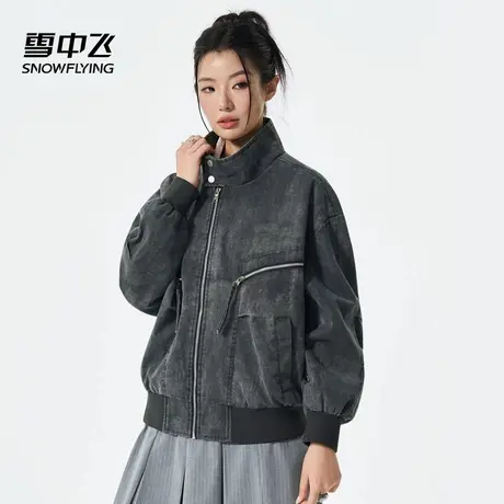 雪中飞灰色立领外套2025年秋季新款复古潮牌拉链短款外套美式夹克商品大图