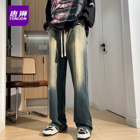 唐狮高街微喇叭牛仔裤男款秋季宽松直筒潮流百搭休闲长裤子男AX商品大图