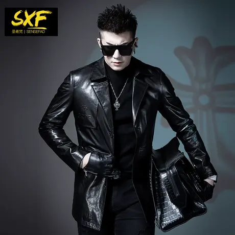 SXF圣希梵皮衣外套男真皮 中长款修身西服夹克帅气男士真皮西装潮商品大图