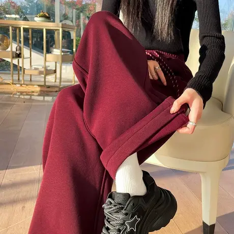 红色美式加绒工装阔腿裤女冬季新款高腰宽松显瘦休闲运动直筒卫裤商品大图