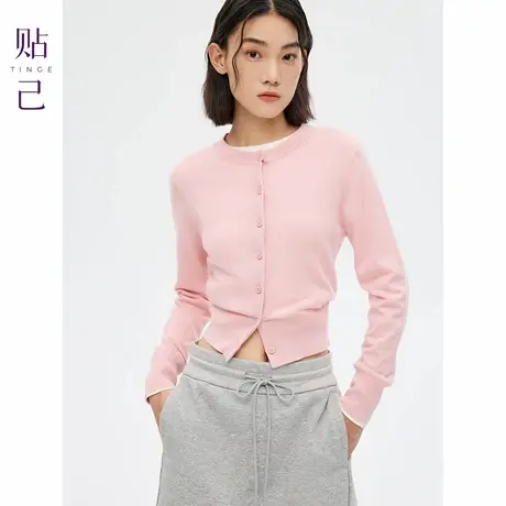 TINGE贴己时髦露脐圆领含羊毛针织开衫女秋冬25新款修身短款上衣商品大图