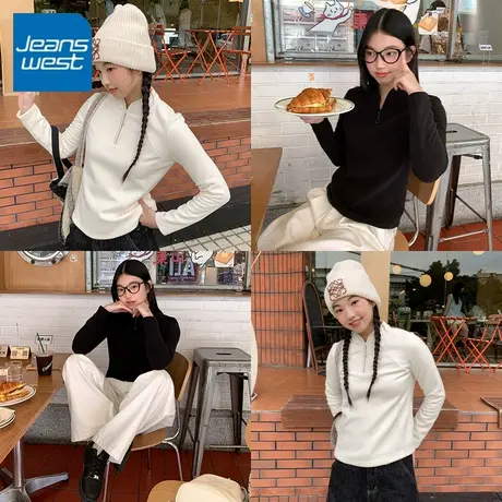 KV真维斯杏色半开领抓绒卫衣女2025新款秋冬休闲运动显瘦亲肤上衣商品大图