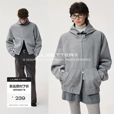 Lilbetter复古格雷系牛角扣开衫卫衣2025冬学院针织格纹双层外套商品大图