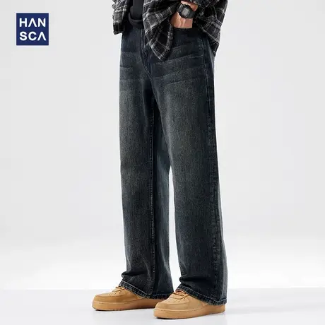 hansca墨蓝直筒牛仔裤男秋季新款美式潮牌水洗做旧宽松垂感长裤子商品大图